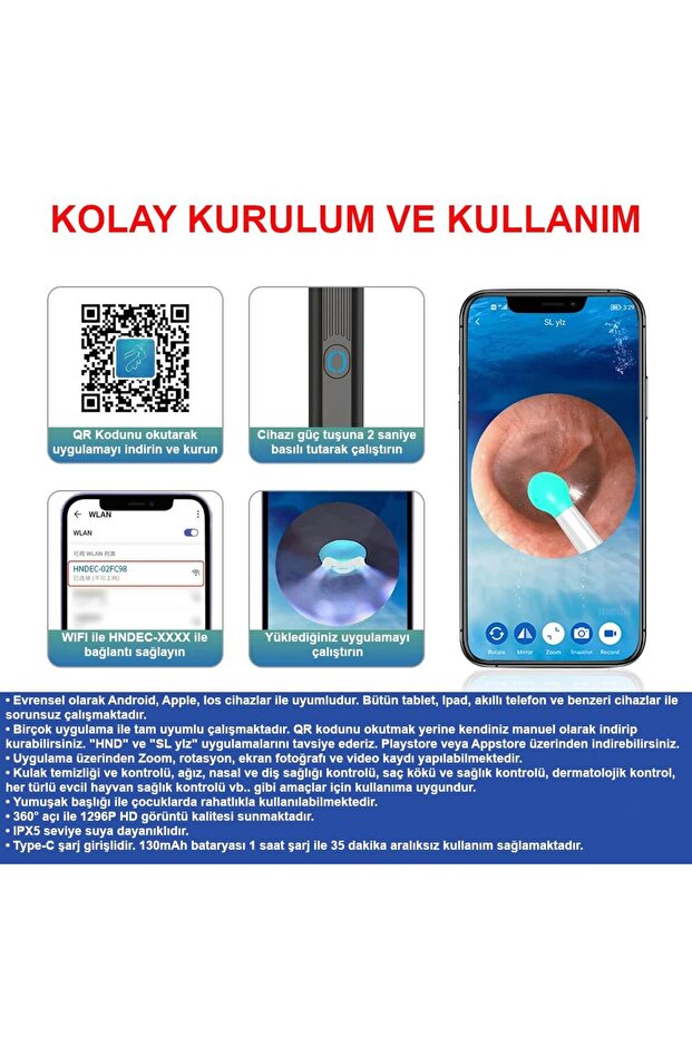 Kablosuz Wifi Kulak Temizleme Kamerası - Ios Android Iphone Uyumlu 1296p Hd Led Otoskop Kam